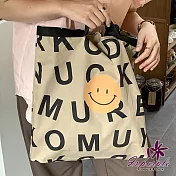 【iSPurple】大英文笑臉*撞色大容量購物手提肩背帆布包 米
