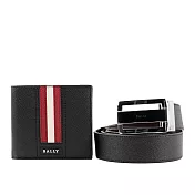 BALLY 壓紋牛皮雙色皮帶+紅白條紋8卡短夾禮盒組 (黑色)