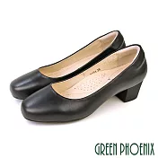 【GREEN PHOENIX】女 中跟鞋 素面 全真皮 方頭 粗跟 OL通勤 上班 面試 EU41 黑色