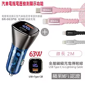 Wildex 63W 液晶顯示/雙孔車用充電器+金屬編織PD快充線/傳輸線(2M) 車充+快充線(銀色)