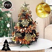 摩達客耶誕-2尺/2呎(60cm)台灣製特仕幸福型裝飾黑色聖誕樹 (香檳雙金系全套飾品)+20燈LED燈插電式暖白光*1/贈控制器/本島免運費