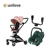 unilove 英國 On The Go馬奇車 成長型輕便 嬰兒手推車 新生兒大全套模式(提籃+結合器+車架+座椅) - 推車(柔彩粉) + 提籃(深碧綠)