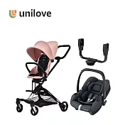 unilove 英國 On The Go馬奇車 成長型輕便 嬰兒手推車 新生兒大全套模式(提籃+結合器+車架+座椅) - 推車(柔彩粉) + 提籃(深鈦灰)