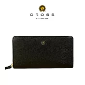 【CROSS】台灣總經銷 限量1折 頂級小牛皮防刮十字紋拉鍊長夾 奧莉薇系列 全新專櫃展示品 (黑色 贈禮盒提袋)