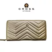 【CROSS】台灣總經銷 限量1折 頂級小牛皮山形紋拉鍊長夾 全新專櫃展示品 (金屬金 贈禮盒提袋)