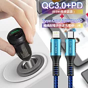 商檢認證PD+QC3.0 USB雙孔超急速車充+City勇固Type-C to Lightning PD編織耐彎折快充線-藍150cm iPhone14 Pro系列快充