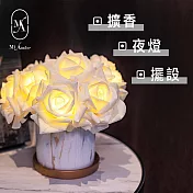 【愛莯】10朵玫瑰花LED夜燈大理石紋花盆系列(附贈USB充電插頭) 10朵象牙白玫瑰花