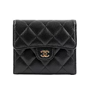 CHANEL 金色CC Logo 菱格紋荔枝牛皮三折短夾 (黑色)