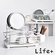Life+ 日式簡約 雙層多功能碗盤餐具瀝水架/收納架/置物架/瀝水籃_附排水導管 白