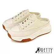 【Pretty】女 穆勒鞋 懶人鞋 包頭拖鞋 半拖鞋 休閒 帆布 奶油頭 綁帶 厚底 JP23 米色