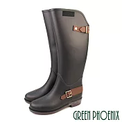 【GREEN PHOENIX】女 雨靴 雨鞋 長筒 霧面 撞色 皮帶飾釦 吸震 減壓 防水 EU37 黑色