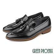 【GREEN PHOENIX】男 紳士皮鞋 商務皮鞋 樂福鞋 流蘇 油蠟牛皮 拉絲手染 EU41 黑色