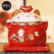 摩達客◉春節開運◉開運超招財貓密封罐糖果盒擺飾_四色可選(贈坐墊)/聚寶盆收納好物 紅