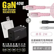 【Polybatt】40W氮化鎵 雙孔PD極速充電器(黑色)+金屬編織PD快充線/傳輸線(2M) 玫瑰金
