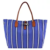 LONGCHAMP ROSEAU ESSENTIAL RAYÉ系列竹節帆布條紋托特包(大) 鈷藍