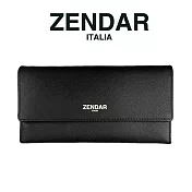 【ZENDAR】限量1折 頂級小牛皮十字紋翻蓋長夾 米蘭系列 全新專櫃展示品(黑色 送禮盒提袋)