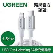 綠聯 iPhone充電線MFi蘋果官方認證USB-C to Lightning 金屬編織版(1.5公尺 極光銀)