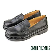 【GREEN PHOENIX】女 學生鞋 皮鞋 直套式 全真皮 臺灣製 EU35 黑色