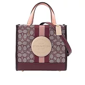 COACH Dempsey Tote 22 緹花拼皮革二用托特包 酒紅色/裸色