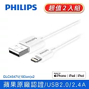 (2入組) PHILIPS 飛利浦 MFI 1M lightning 手機充電線 IOS充電線 DLC4547V 白