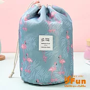 【iSFun】舖棉束口＊盥洗化妝撞收納圓桶包  藍丹頂鶴