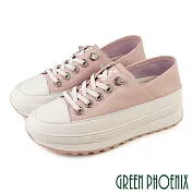 【GREEN PHOENIX】女 休閒鞋 懶人鞋 全真皮 厚底 兩穿式 直套式 彈性鞋帶 EU35 粉紅色