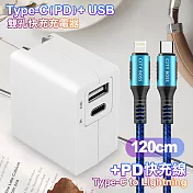 TOPCOM Type-C(PD)+USB雙孔快充充電器+CITY勇固Type-C to Lightning(iPhone)編織快充線-120cm-藍 藍色