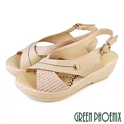 【GREEN PHOENIX】女 涼鞋 交叉 金屬釦 全真皮 厚底 楔型 台灣製 JP23.5 卡其色