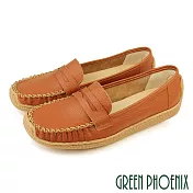 【GREEN PHOENIX】女 莫卡辛 休閒鞋 便鞋 一字帶 全真皮 平底 台灣製 US6 棕色