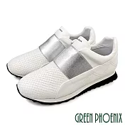 【GREEN PHOENIX】女 休閒鞋 國際精品 胎牛皮 編織 彈性帶 厚底 西班牙原裝 EU35 白色