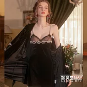 被窩的秘密 波點透紗甜美絲絨睡衣組。黑色