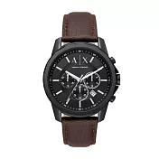 A│X Armani Exchange 溫紳品格三眼計時腕錶-黑X深棕皮帶