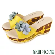 【GREEN PHOENIX】女 拖鞋 花朵 全真皮 輕量 厚底 楔型 台灣製 JP23 黃色