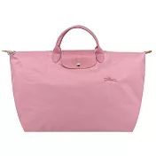 LONGCHAMP LE PLIAGE GREEN系列刺繡短把再生尼龍摺疊旅行袋(小) 花瓣粉