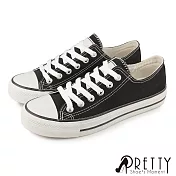 【Pretty】女 帆布鞋 休閒鞋 小白鞋 百搭 綁帶 台灣製 JP23 黑色