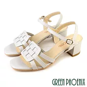 【GREEN PHOENIX】女 涼鞋 粗高跟 全真皮 牛皮 編織 臺灣製 US5 米色