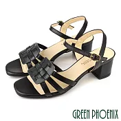 【GREEN PHOENIX】女 涼鞋 粗高跟 全真皮 牛皮 編織 臺灣製 US5 黑色