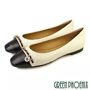 【GREEN PHOENIX】女 娃娃鞋 便鞋 全真皮 小羊皮 平底 芭蕾 小香風 OL通勤面試 乳膠鞋墊 EU38 米色