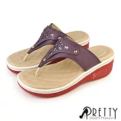 【Pretty】女 拖鞋 厚底 楔型 夾腳 T字 乳膠氣墊 台灣 JP23 紫色