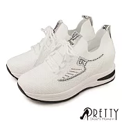 【Pretty】女 休閒鞋 水鑽 針織 襪套式 綁帶 厚底 內增高 EU38 白色