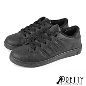 【Pretty】女 休閒鞋 貝殼鞋 板鞋 綁帶 台灣製 JP23.5 全黑