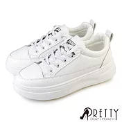 【Pretty】女 小白鞋 休閒鞋 皮革 厚底 增高 免綁帶 EU37 白色