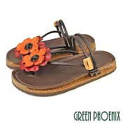 【GREEN PHOENIX】女 涼鞋 拖鞋 夾腳 全真皮 兩穿 花朵 手工 台灣製 EU37 橙色