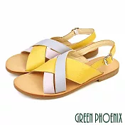 【GREEN PHOENIX】女 涼鞋 全真皮 平底 交錯線條 臺灣製 EU38 黃色