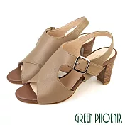 【GREEN PHOENIX】女 涼鞋 魚口鞋 全真皮 粗跟 高跟 鏤空 飾釦 臺灣製 US4.5 芋色