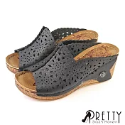 【Pretty】女 拖鞋 鏤空 花邊 厚底 楔型 防水台 EU40 黑色