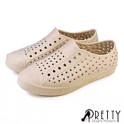 【Pretty】男女 洞洞鞋 雨鞋 休閒鞋 一體成形 透氣 孔洞 防水 平底 臺灣製 EU36 卡其色