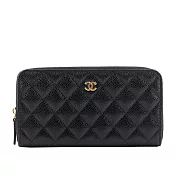 CHANEL 金色CC LOGO粒紋小牛皮拉鍊ㄇ型長夾 (黑色)