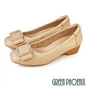 【GREEN PHOENIX】女 娃娃鞋 包鞋 全真皮 楔型 厚底 蝴蝶結 OL通勤 上班 EU35 杏色