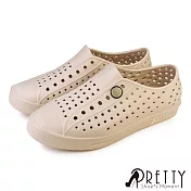 【Pretty】男女 洞洞鞋 雨鞋 休閒鞋 透氣 孔洞 輕量 防水 臺灣製 EU36 卡其色